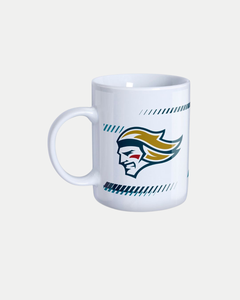 The Belfast Giants Core White Mug by Belfast Giants features a stylized head logo with flowing hair in navy and gold, a red cheek mark, and bold blue diagonal lines accenting the top and bottom edges for extra flair.
