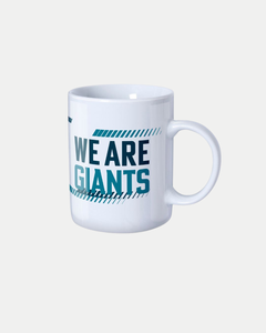 The Belfast Giants Core White Mug by Belfast Giants is a white ceramic mug with a handle, featuring bold blue and teal "WE ARE GIANTS" text surrounded by diagonal lines on a minimalist background.