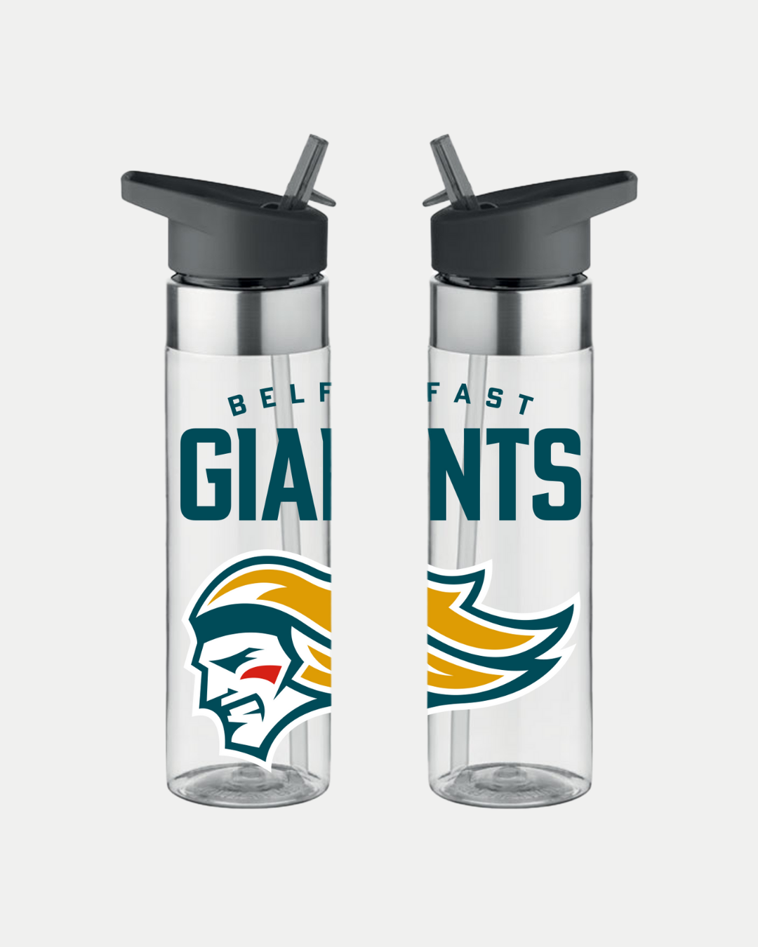 The Belfast Giants Core Water Bottle features a clear design with black flip-top lid and straw, plus the bold teal and gold Belfast Giants logo—a stylized giant head in a helmet—adding dynamic flair.