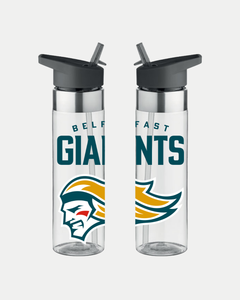 The Belfast Giants Core Water Bottle features a clear design with black flip-top lid and straw, plus the bold teal and gold Belfast Giants logo—a stylized giant head in a helmet—adding dynamic flair.