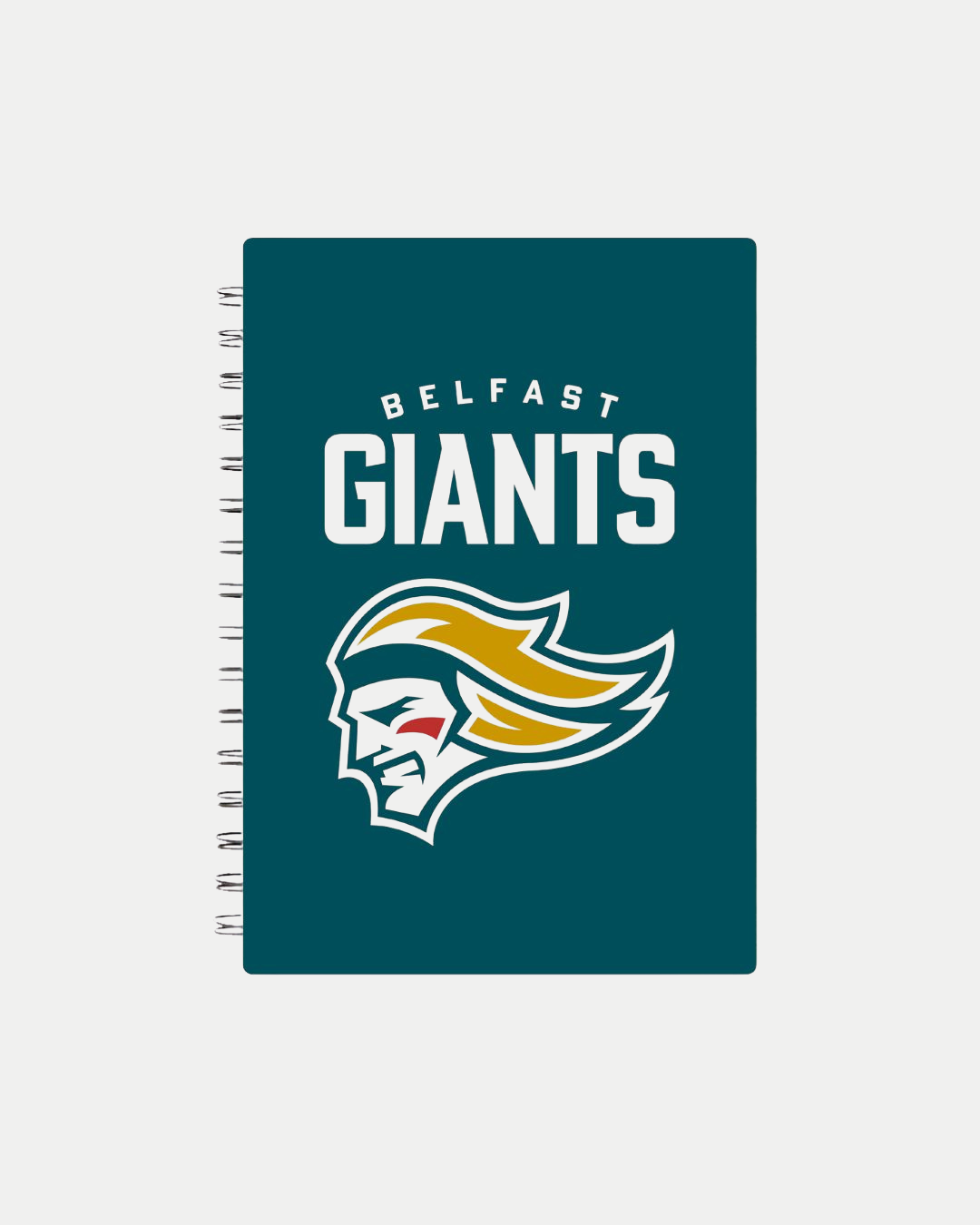 The Belfast Giants Core A5 Notebook features a teal cover with the Belfast Giants name and a bold logo—a fierce face with golden hair and red accents—making it perfect for any fan.