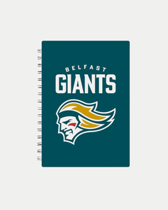 The Belfast Giants Core A5 Notebook features a teal cover with the Belfast Giants name and a bold logo—a fierce face with golden hair and red accents—making it perfect for any fan.