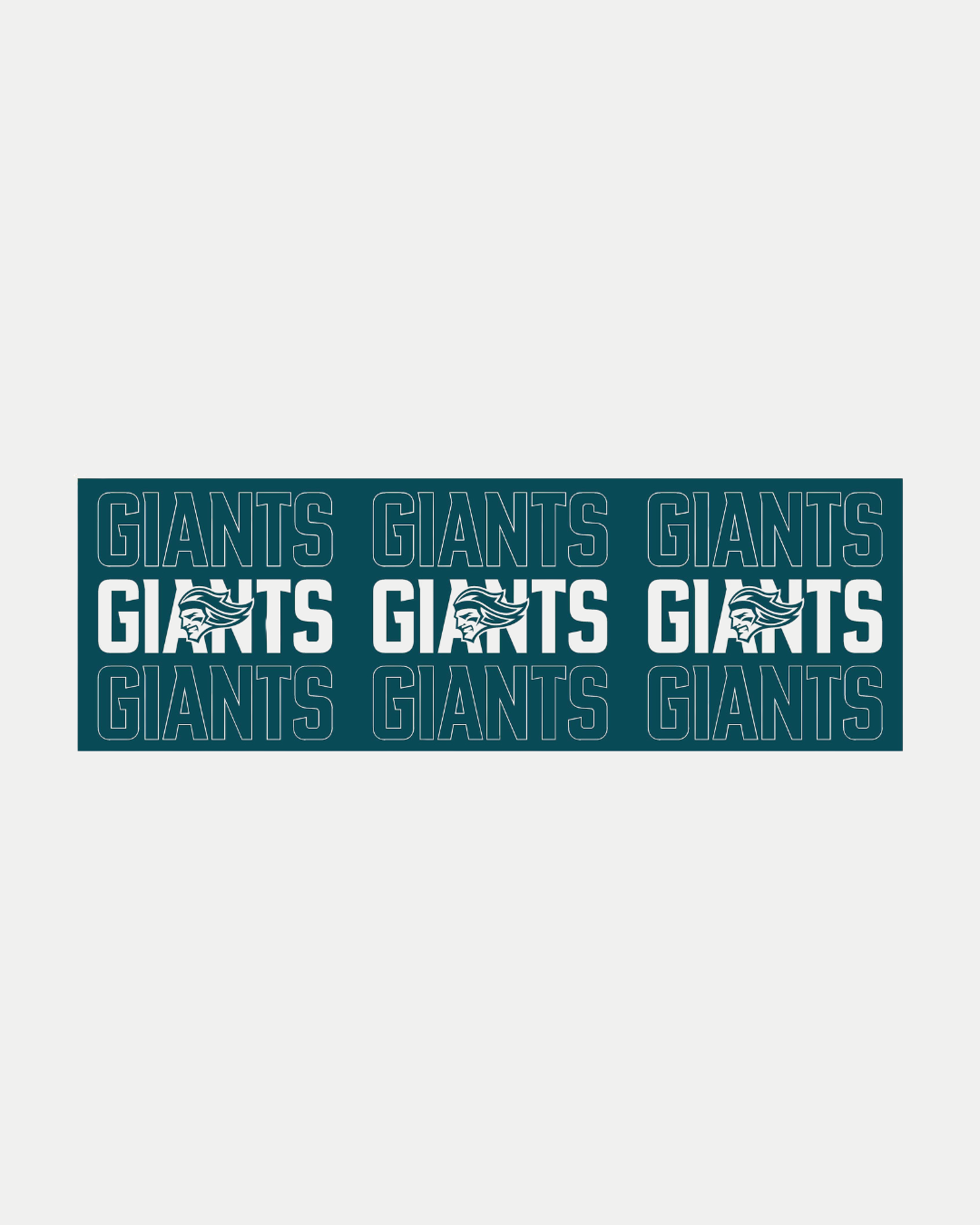 The Giants Giants Giants Sticker by Belfast Giants features a rectangular 80mm x 240mm design with a dark teal background, "GIANTS" repeated six times in white, and a stylized owl within three of the words.
