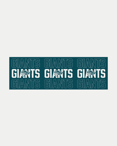 The Giants Giants Giants Sticker by Belfast Giants features a rectangular 80mm x 240mm design with a dark teal background, "GIANTS" repeated six times in white, and a stylized owl within three of the words.