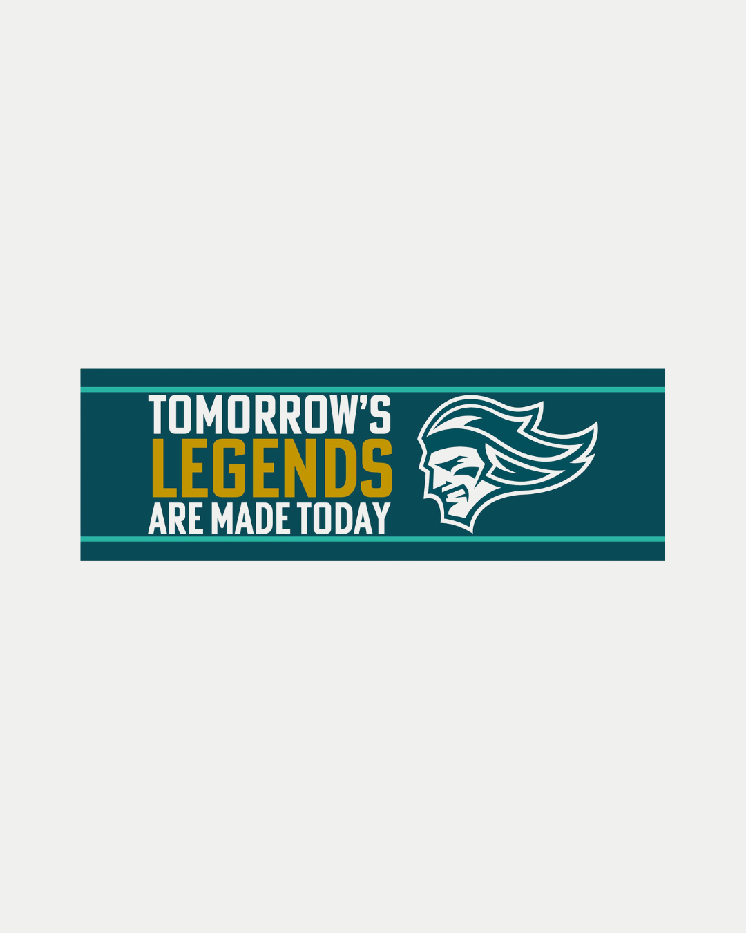 The Belfast Giants' Tomorrow's Legends Sticker measures 240mm by 80mm in teal and white, displaying "TOMORROW'S LEGENDS ARE MADE TODAY" next to a stylized knight’s face.