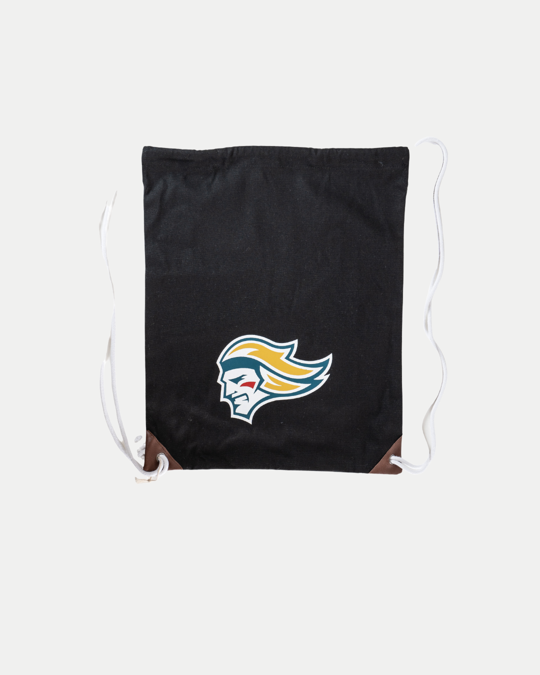 The Belfast Giants SDS Drawstring Bag by Belfast Giants is black with white straps, a stylized face logo in yellow, blue, and red on the front, and distinctive brown vegan leather corners at the bottom.