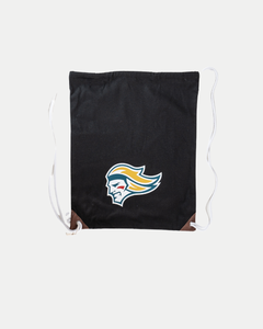 The Belfast Giants SDS Drawstring Bag by Belfast Giants is black with white straps, a stylized face logo in yellow, blue, and red on the front, and distinctive brown vegan leather corners at the bottom.