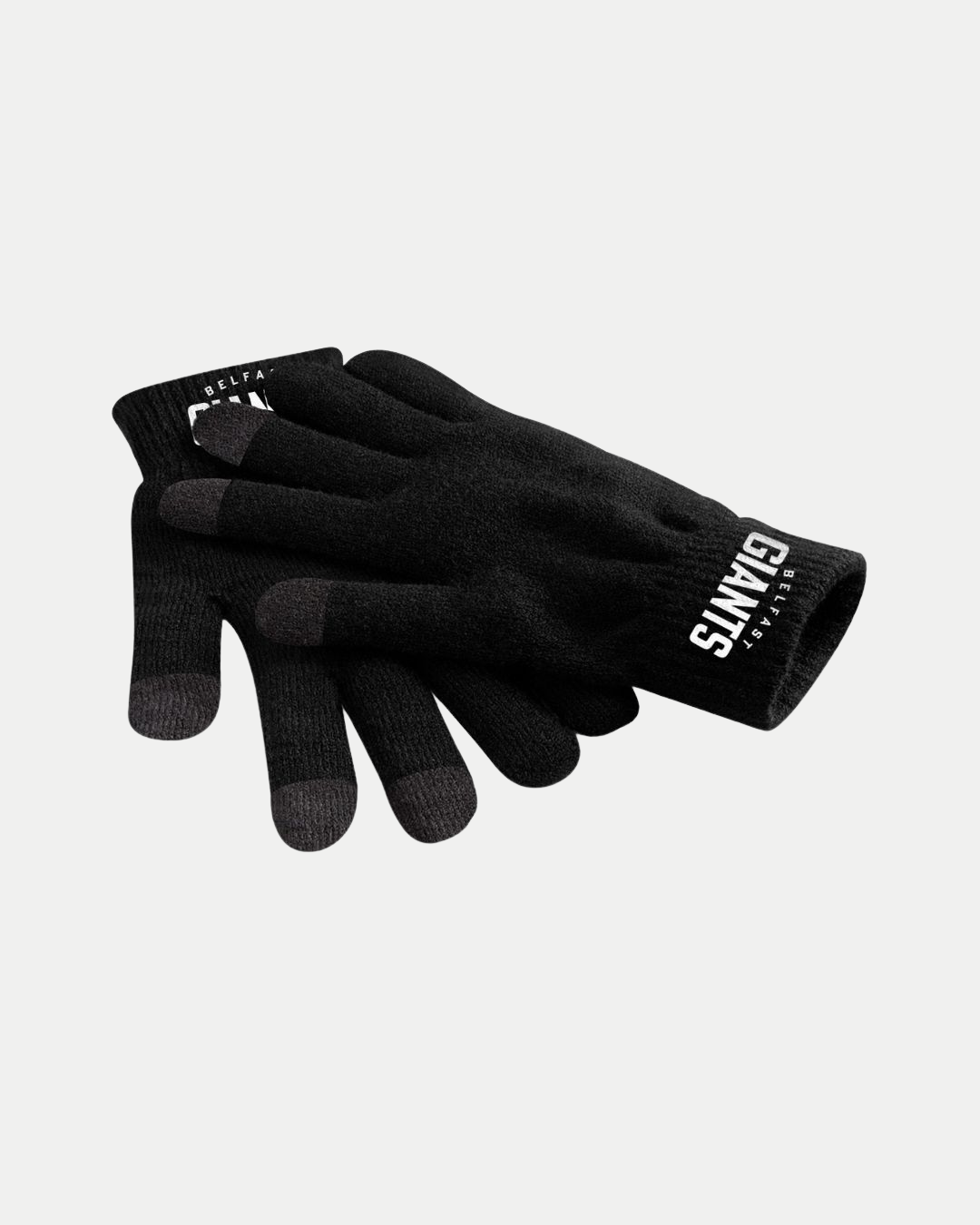 A pair of Belfast Giants black knit touch screen gloves with gray fingertips and "Belfast Giants" branding on the cuffs, displayed on a plain white background.
