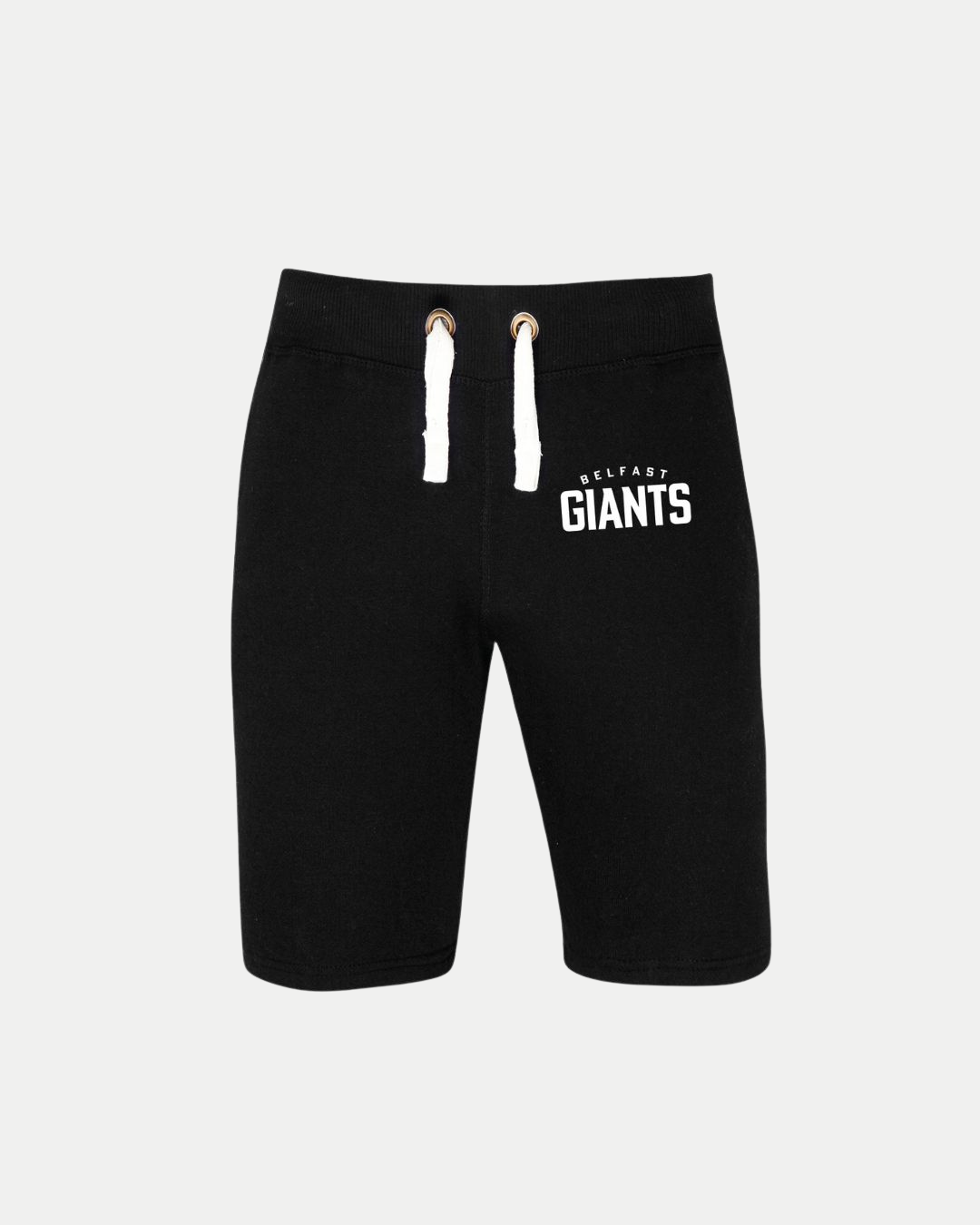 The Belfast Giants Shorts Black by Belfast Giants feature white drawstrings and bold "Belfast GIANTS" text in white on the left thigh, shown against a plain white background.