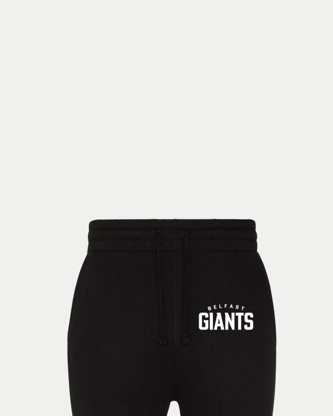 The Belfast Giants Tracksuit Bottoms Black feature the Belfast Giants logo in white on the upper left thigh, displayed waist down against a plain white background.