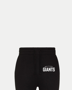 The Belfast Giants Tracksuit Bottoms Black feature the Belfast Giants logo in white on the upper left thigh, displayed waist down against a plain white background.