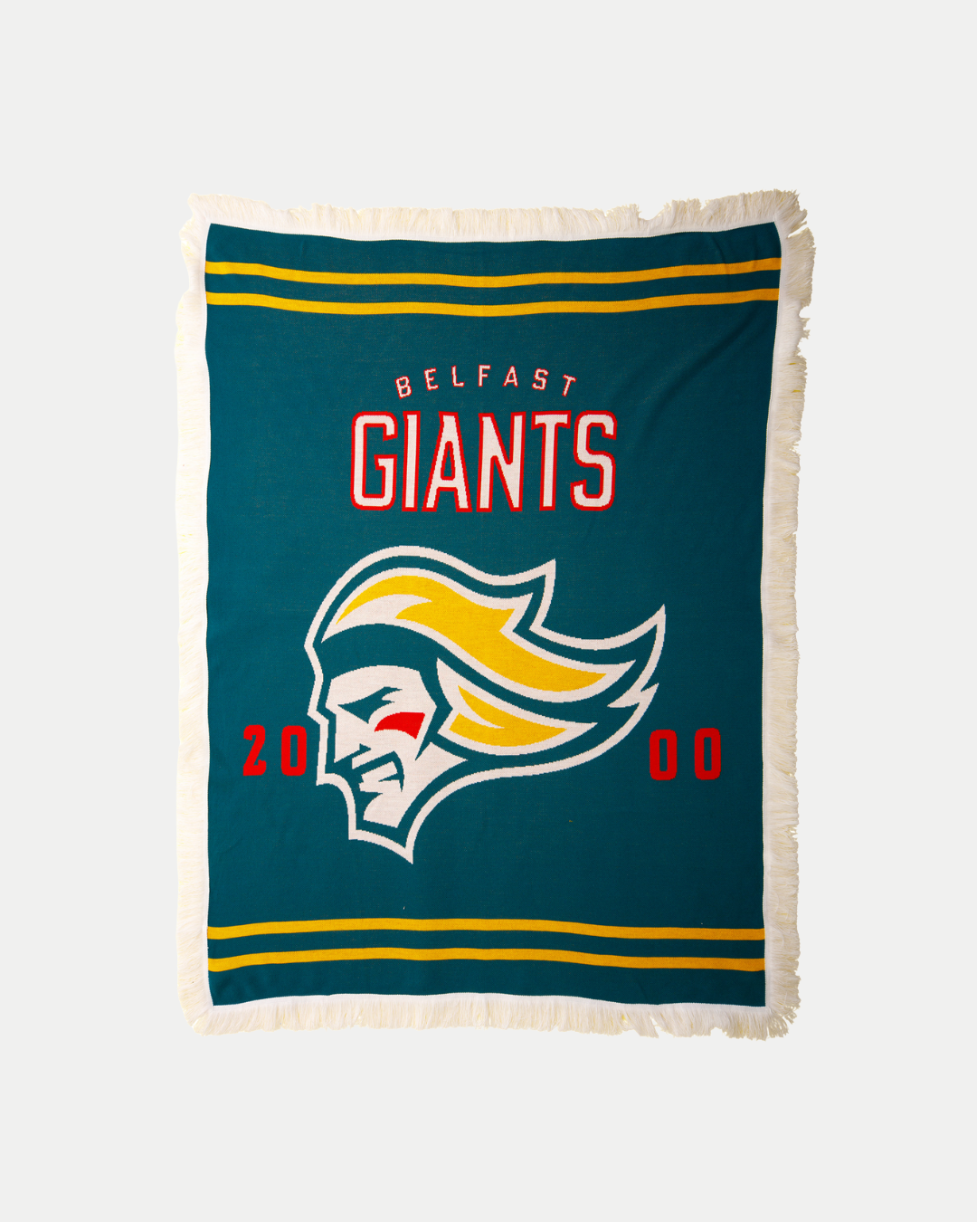 The Belfast Giants Blanket by Belfast Giants features a teal jacquard weave with yellow and white stripes, the team logo, "GIANTS," "2000," and "BELFAST" above the logo, plus white fringe—perfect for fans wanting a cozy, stylish accent.
