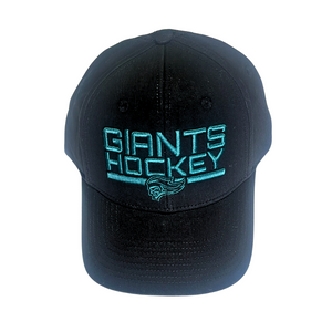 The 25-26 CCM Black Cap Teal Logo from Belfast Giants Store by National Merchandise features teal embroidered "GIANTS HOCKEY" text and a small stylized helmeted face logo, displayed on a white background.