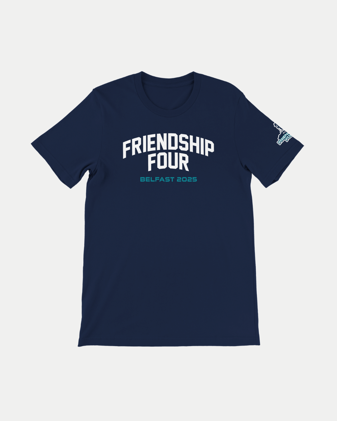 The MADE-TO-ORDER Friendship Four 2025 Wordmark T-Shirt by Belfast Giants is navy blue, with "FRIENDSHIP FOUR" in bold white and "BELFAST 2025" in teal on the front. Made from eco-friendly Airlume cotton, featuring a small left sleeve logo.
