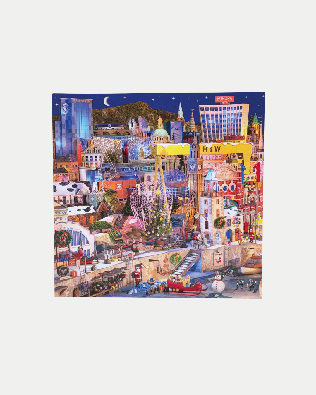 A vibrant collage showcases buildings and landmarks under a night sky, with animated figures celebrating. Inspired by Belfast Giants Charity Christmas Cards from the Belfast Giants Store by National Merchandise.