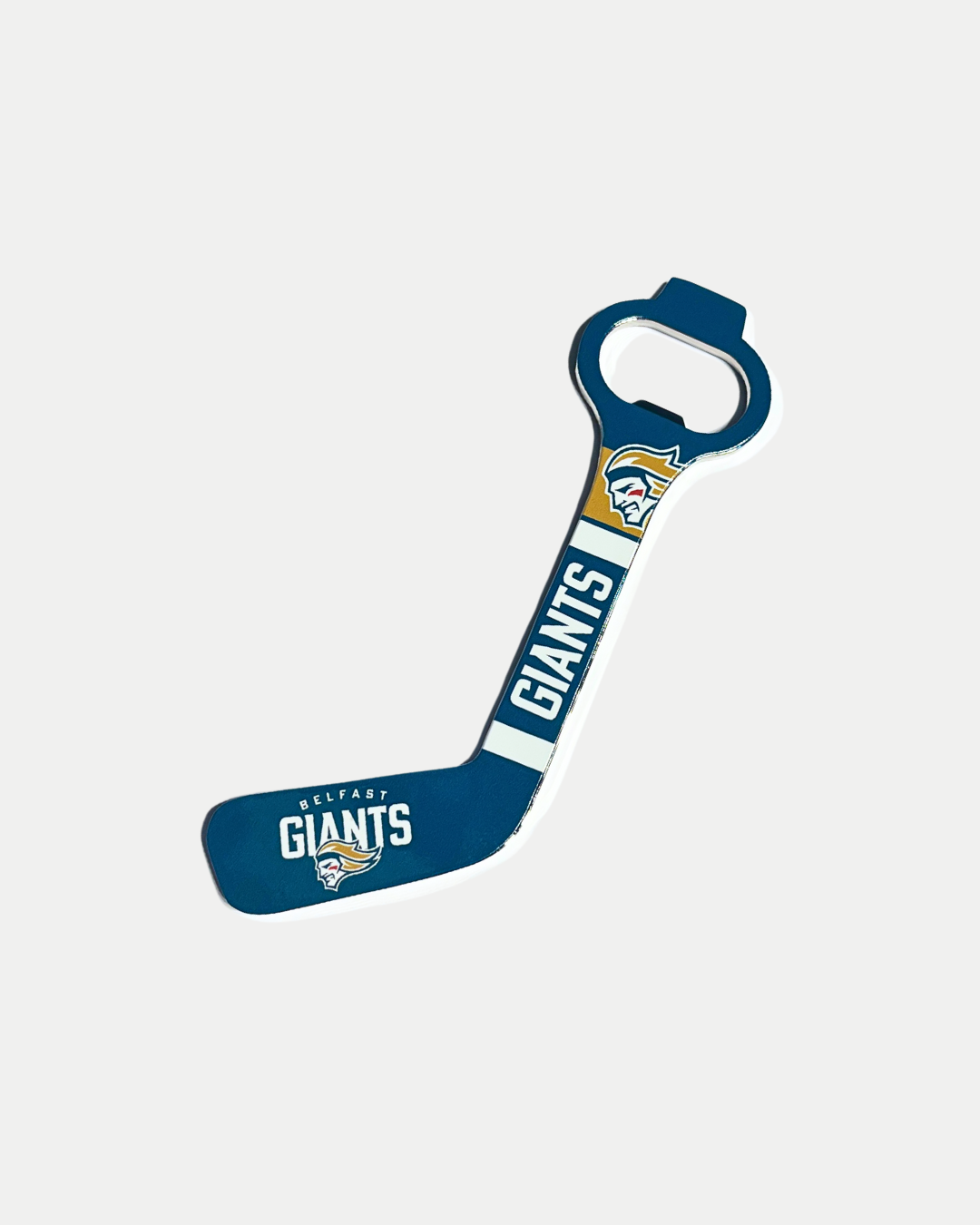 The Belfast Giants Hockey Stick Bottle Opener 25/26 from Belfast Giants Store by National Merchandise is shaped like a hockey stick, featuring team colors, the logo, “GIANTS,” and the mascot on the handle and blade.