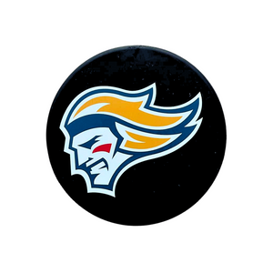 The Belfast Giants Puck Bottle Opener by Belfast Giants Store features a black puck with a stylized fierce-faced figure with yellow and orange hair, outlined in white and blue, set against a plain white background.