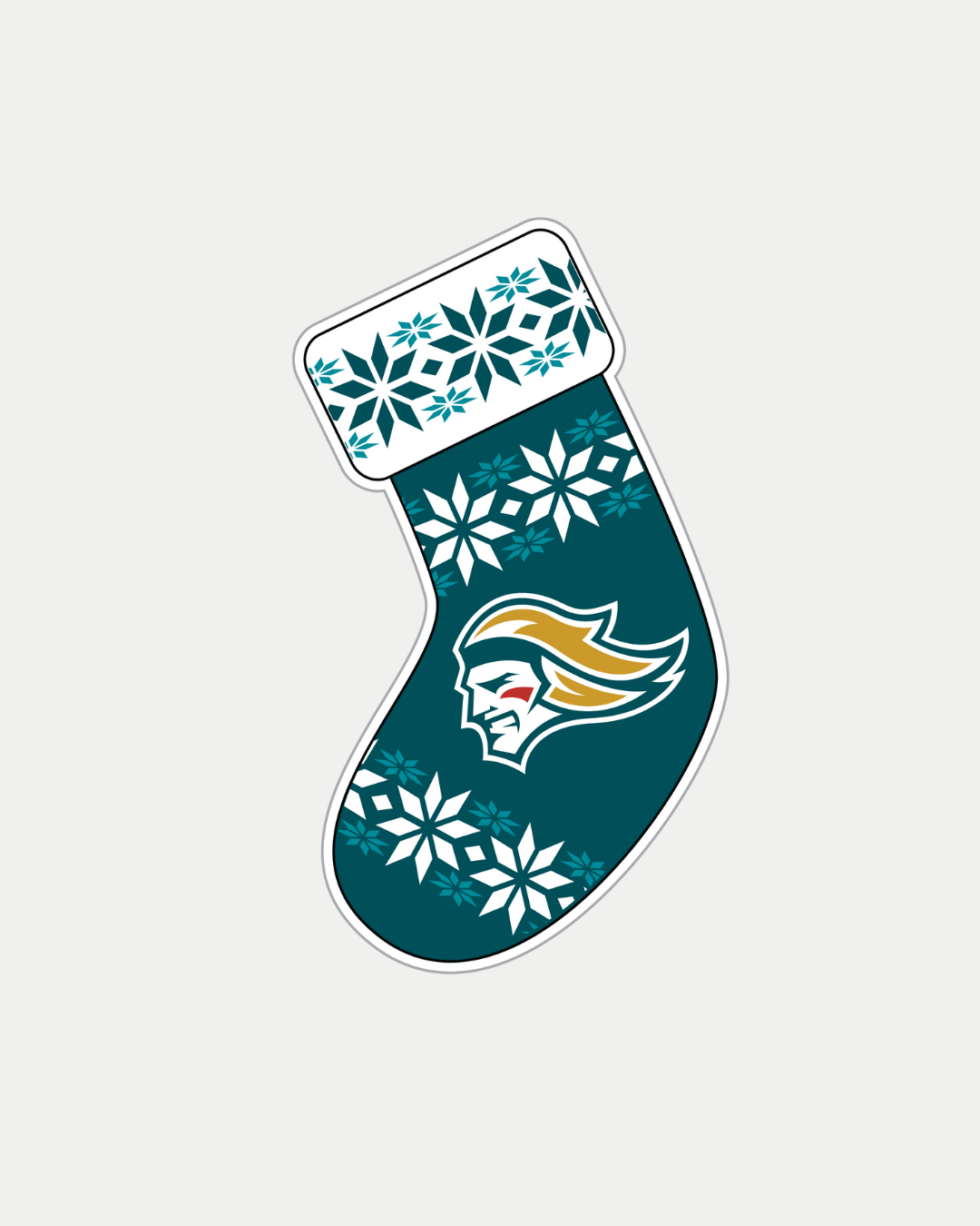 The Wooden Stocking Christmas Tree Decoration from Belfast Giants Store by National Merchandise features a dark teal design with white snowflake patterns and the team’s stylized helmeted face logo in the center.