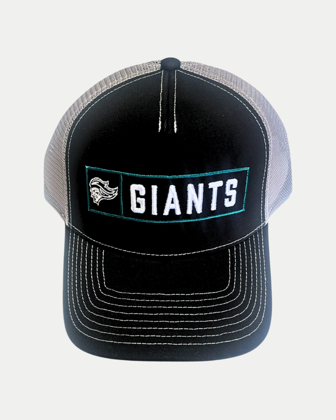 The 25-26 CCM Trucker Cap from Belfast Giants Store by National Merchandise is a black and gray mesh cap with white stitching, featuring a front patch with a stylized face logo and bold white "GIANTS" lettering.