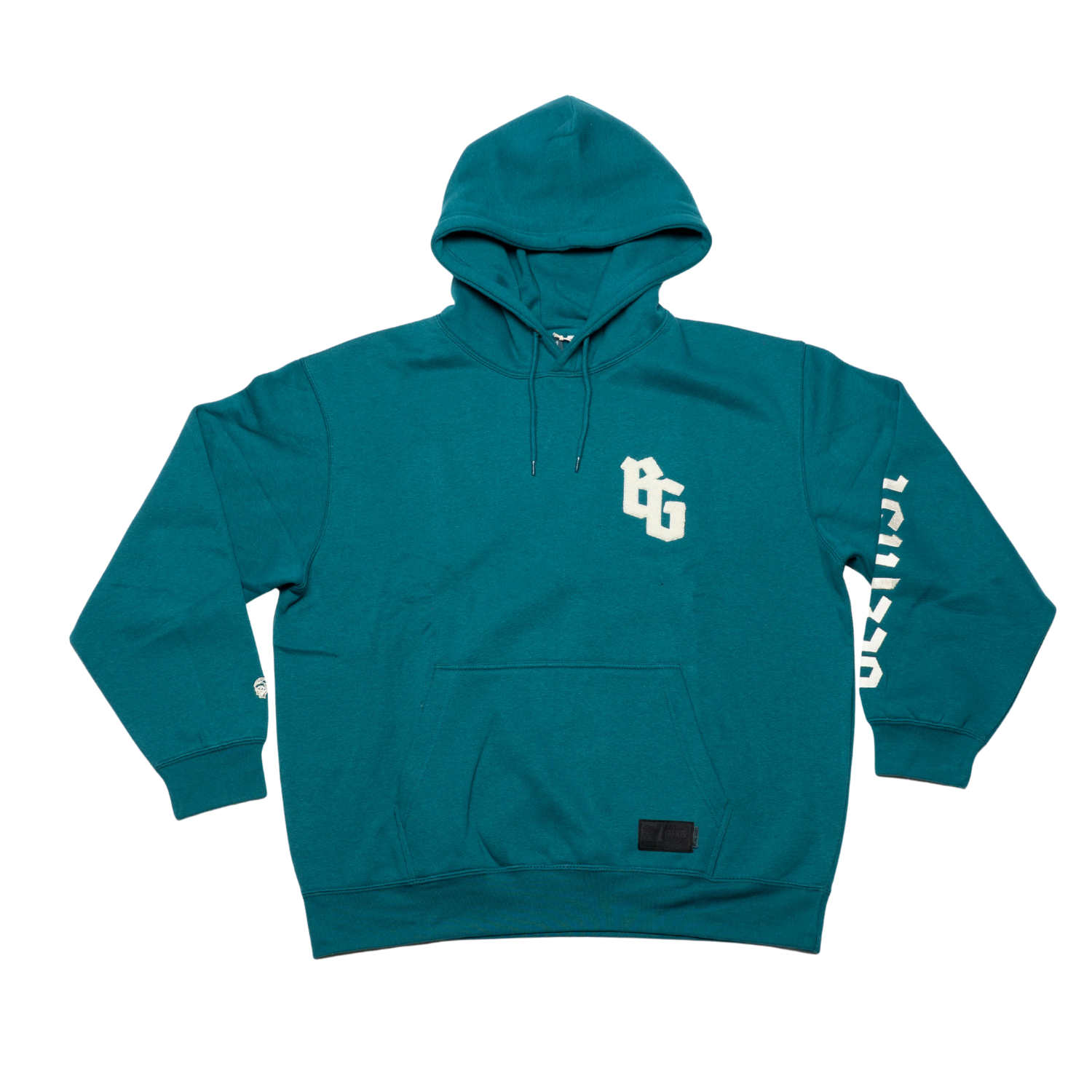 The Belfast Giants BG Hoodie Teal features a front pouch pocket, white BG logo on the left chest, and white text on the right sleeve. This stylish Belfast Giants pullover is shown flat on a white background.