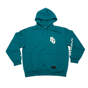 The Belfast Giants BG Hoodie Teal features a front pouch pocket, white BG logo on the left chest, and white text on the right sleeve. This stylish Belfast Giants pullover is shown flat on a white background.
