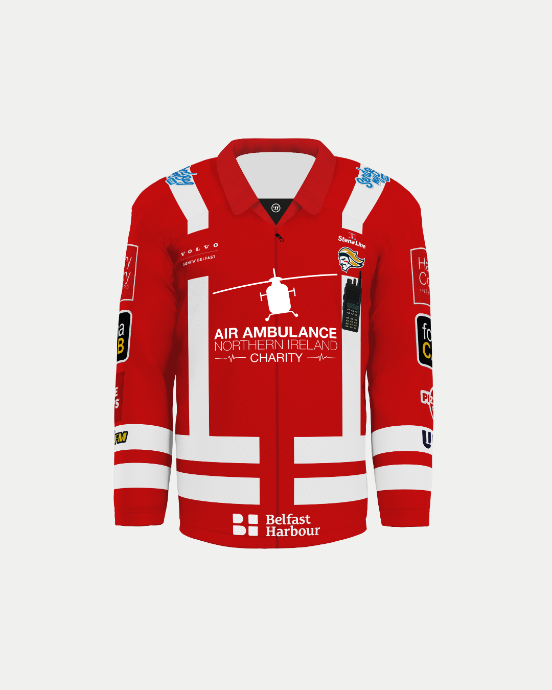 The Belfast Giants Custom Air Ambulance Replica 25/26 Jersey features red long sleeves, white stripes, Air Ambulance Northern Ireland Charity logos, a white helicopter graphic, and sponsor logos, including Belfast Harbour. Available for Click & Collect.