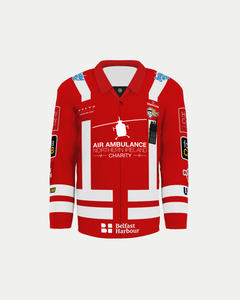 The Belfast Giants Custom Air Ambulance Replica 25/26 Jersey features red long sleeves, white stripes, Air Ambulance Northern Ireland Charity logos, a white helicopter graphic, and sponsor logos, including Belfast Harbour. Available for Click & Collect.