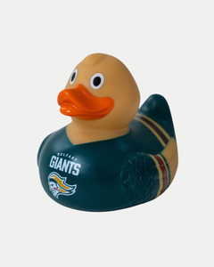 The Belfast Giants Rubber Duck features wide eyes, an orange beak, and sports a dark green jersey with the official Belfast Giants logo and team colors.
