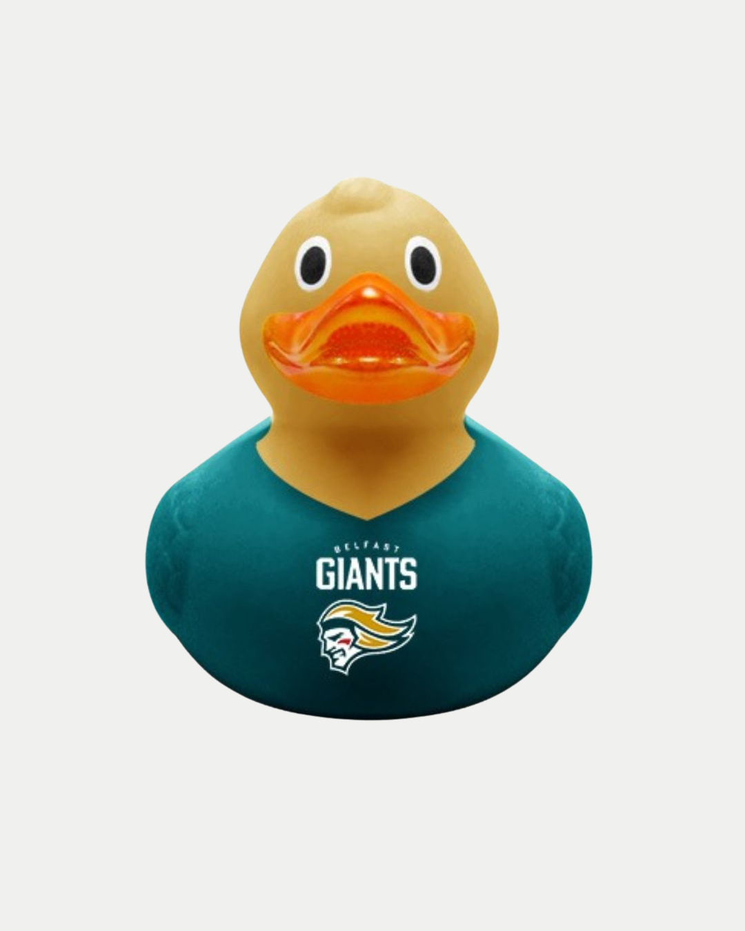 The Belfast Giants Rubber Duck by Belfast Giants features a yellow duck with a bright orange beak, wearing a teal shirt with the team's logo and text on the front and displaying a cheerful expression.