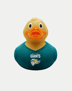 The Belfast Giants Rubber Duck by Belfast Giants features a yellow duck with a bright orange beak, wearing a teal shirt with the team's logo and text on the front and displaying a cheerful expression.