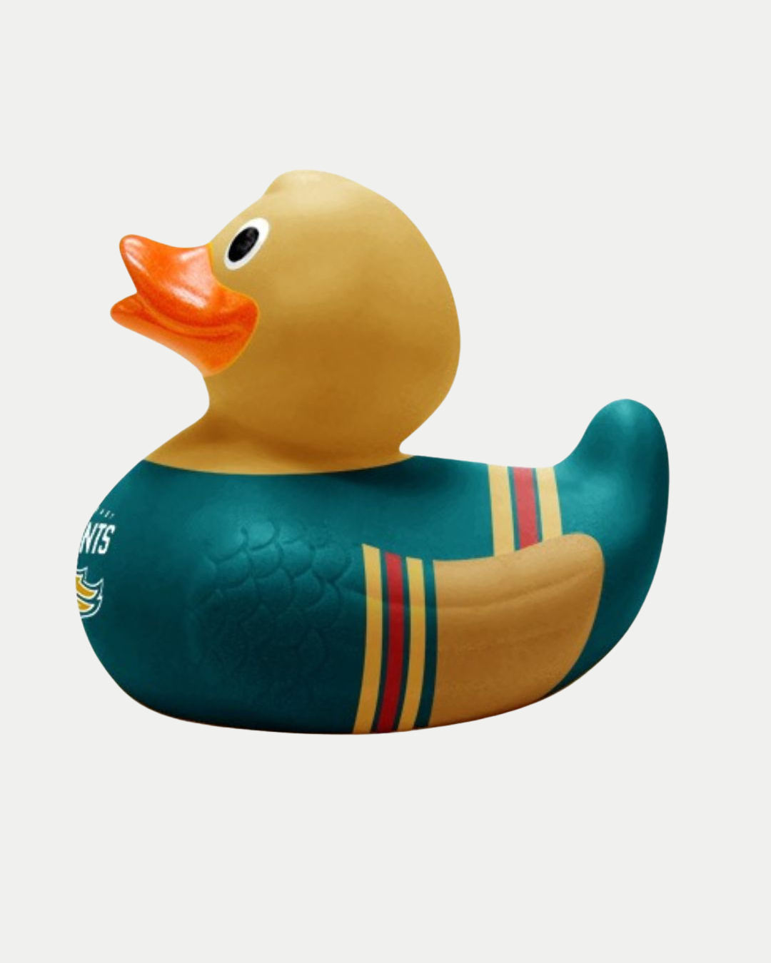 The Belfast Giants Rubber Duck by Belfast Giants features a teal jersey with red and yellow stripes, a smiling orange beak, and is displayed against a plain white background.
