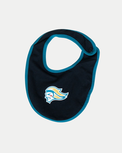 The Belfast Giants SDS Bib by Belfast Giants is a black baby bib with teal trim and a logo showcasing a stylized head profile in yellow, teal, and white accents, all set against a clean white background.