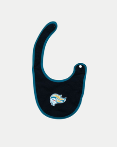 The Belfast Giants SDS Bib by Belfast Giants is a black baby bib with teal trim, featuring an embroidered team logo of a bold face with flowing blue, yellow, and white hair. It has a secure snap neck closure for easy wear.