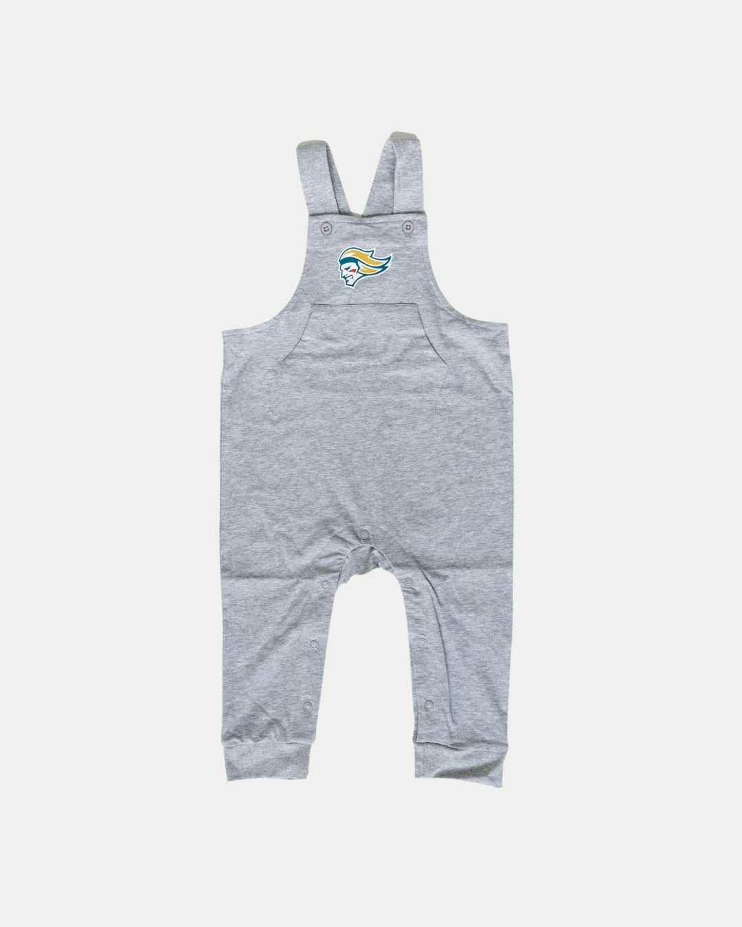 The Belfast Giants SDS Romper by Belfast Giants is a gray baby overall with shoulder straps, button closures, a colorful bird logo on the chest, a front pocket, and snap buttons along the inner legs for easy changing.
