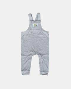 The Belfast Giants SDS Romper by Belfast Giants is a gray baby overall with shoulder straps, button closures, a colorful bird logo on the chest, a front pocket, and snap buttons along the inner legs for easy changing.