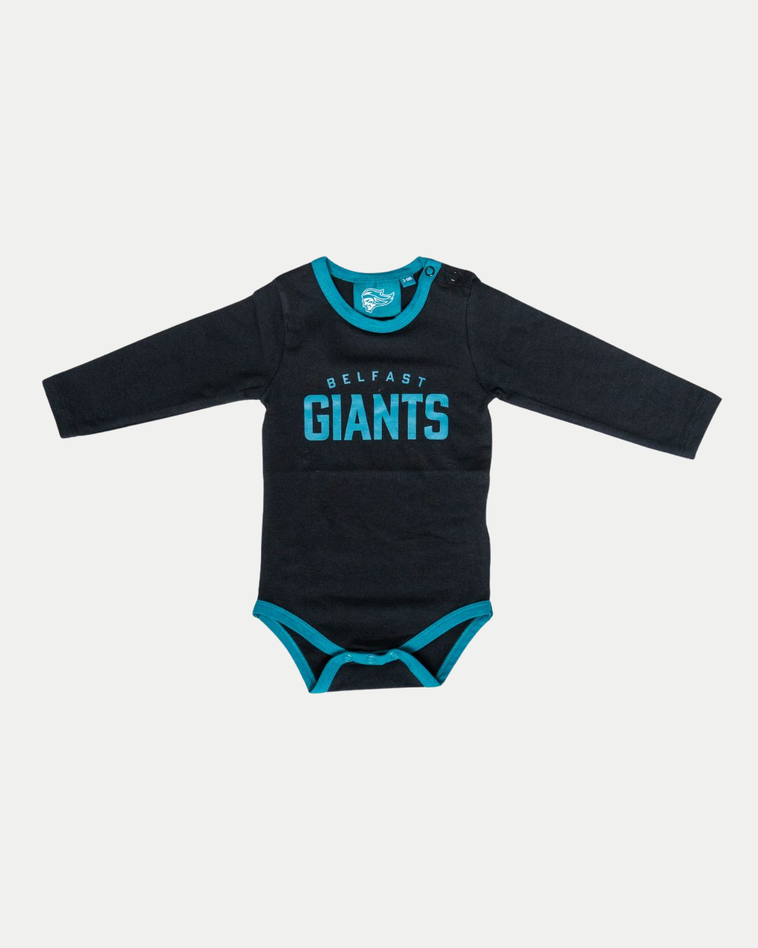 The Belfast Giants SDS Baby Grow is a long-sleeve black bodysuit with teal trim and shoulder buttons, featuring "Belfast Giants" boldly printed in teal and white on the chest.
