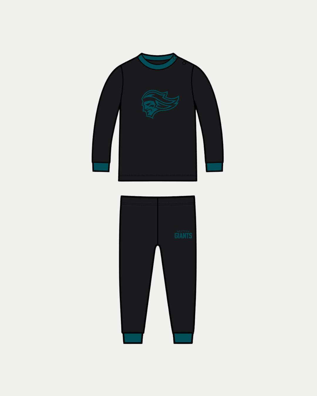 The Belfast Giants SDS Pyjamas feature a black long-sleeve top with teal cuffs and teal chest logo, plus matching pants with "GIANTS" in teal on the left thigh. Both pieces from Belfast Giants are displayed on a white background.
