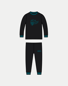 The Belfast Giants SDS Pyjamas feature a black long-sleeve top with teal cuffs and teal chest logo, plus matching pants with "GIANTS" in teal on the left thigh. Both pieces from Belfast Giants are displayed on a white background.