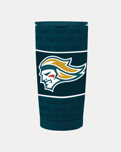 The Belfast Giants Thermal Cup by Belfast Giants is a dark teal travel tumbler with a bold team logo—a fierce, golden-haired face with red eyes—against a lighter teal "GIANTS" background. Delivery may take up to 4 weeks.