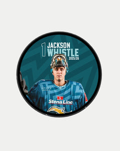 The Belfast Giants 2025-26 Player Puck is a limited edition featuring player 1, Jackson Whistle in blue gear and Stena Line logo, set on teal with bold season text.