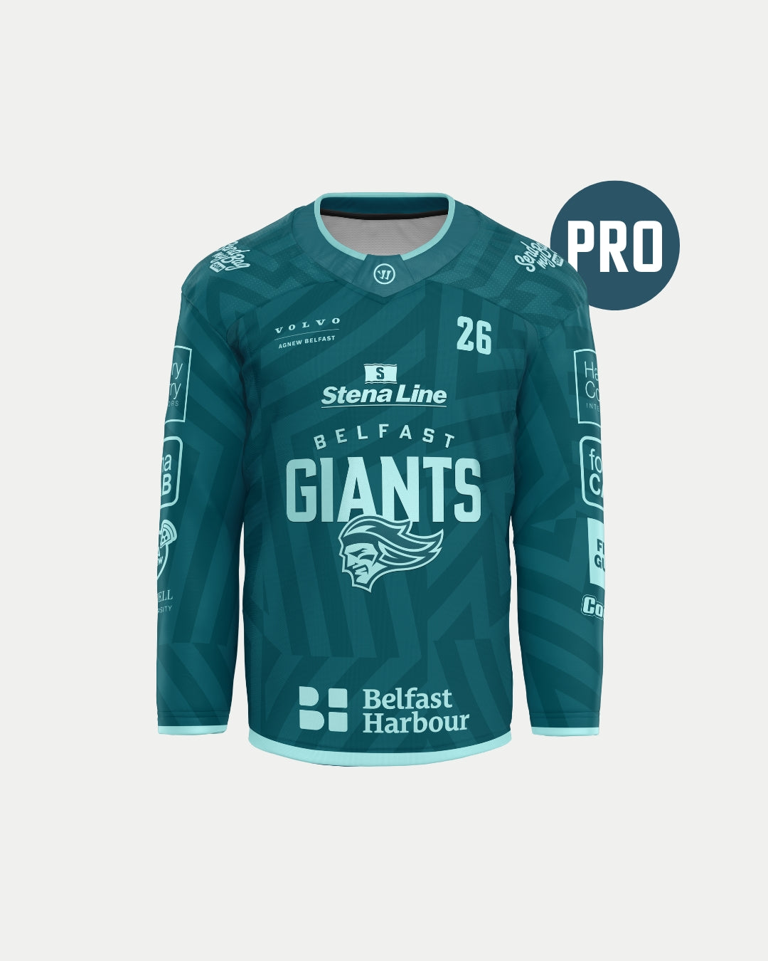 The Custom Authentic Goalie Pro 25/26 Challenge Cup Jersey by Belfast Giants features sponsor logos, number 26 on the chest, and the team name with the Giants head logo centered—ideal for any Pro Goalie Jersey fan.