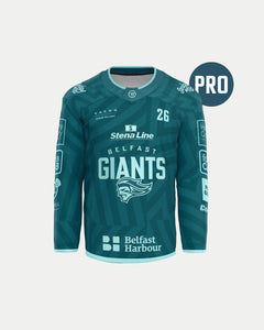 The Custom Authentic Goalie Pro 25/26 Challenge Cup Jersey by Belfast Giants features sponsor logos, number 26 on the chest, and the team name with the Giants head logo centered—ideal for any Pro Goalie Jersey fan.
