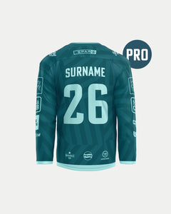 Custom Authentic Goalie Pro 25/26 Challenge Cup Jersey by Belfast Giants, teal with number 26 and SURNAME on the back, sponsor logos on sleeves and back, PRO badge by right shoulder—captures classic Giants style. Shown on a plain white background.