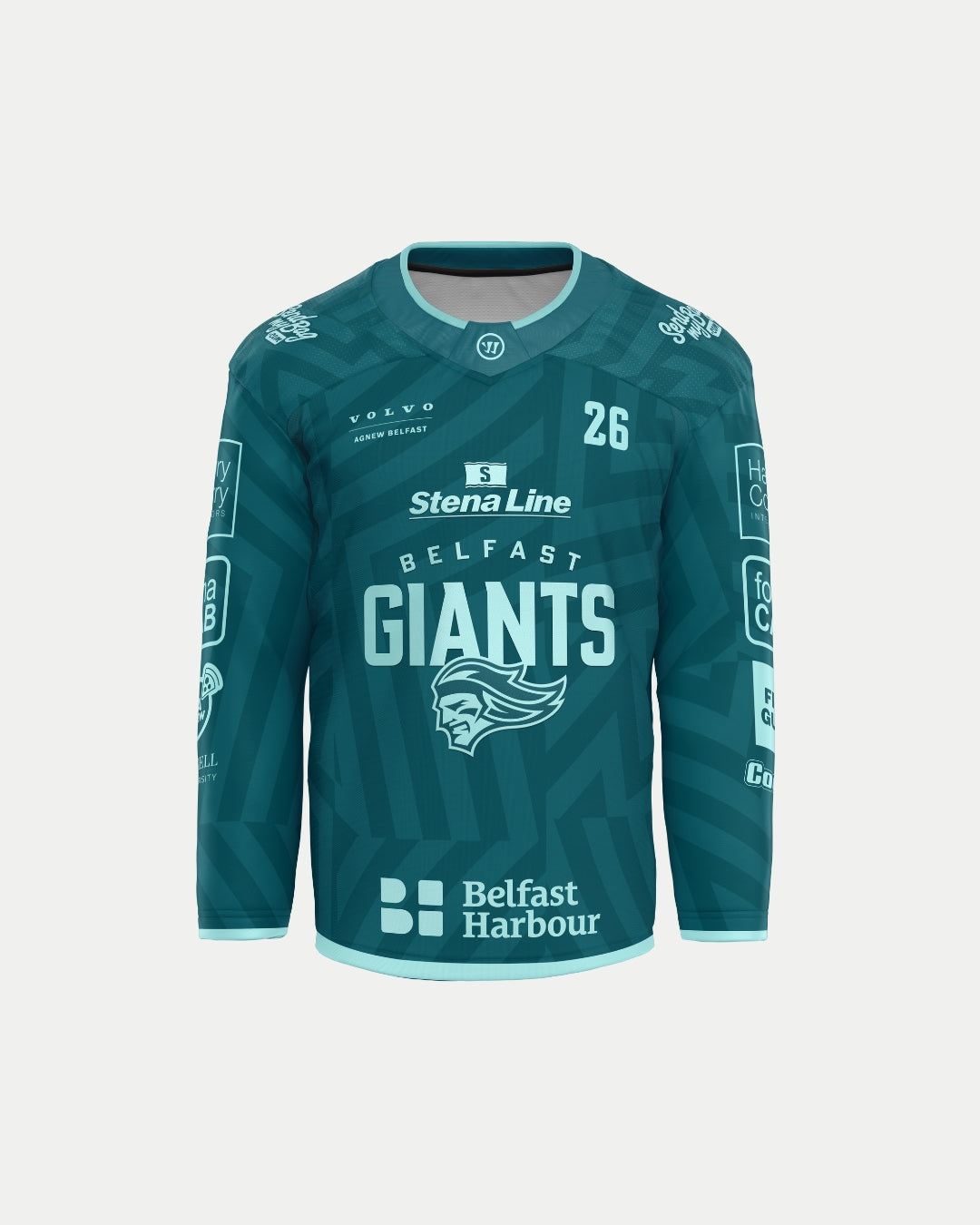 Show your team pride with the Belfast Giants Custom Fan Replica 25/26 Challenge Cup Jersey by Warrior. This teal jersey features sponsor logos, number 26, a giant head logo, and subtle geometric patterns—customise yours today!.