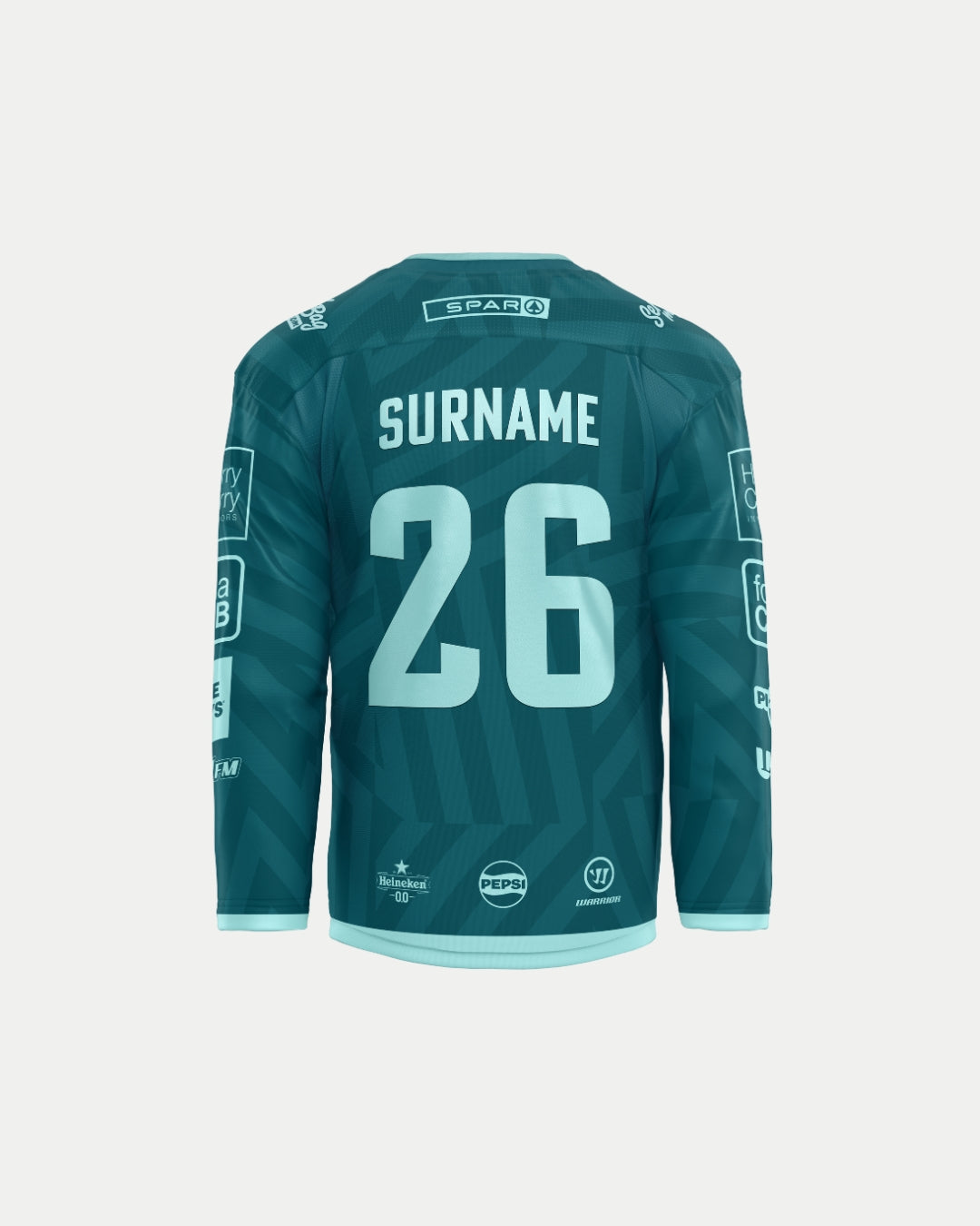 A teal Belfast Giants Custom Fan Replica 25/26 Challenge Cup Jersey by Warrior, shown from the back with SURNAME and number 26 in large light blue print. Sponsor logos appear on sleeves, shoulders, and lower back. Personalise for a unique look.