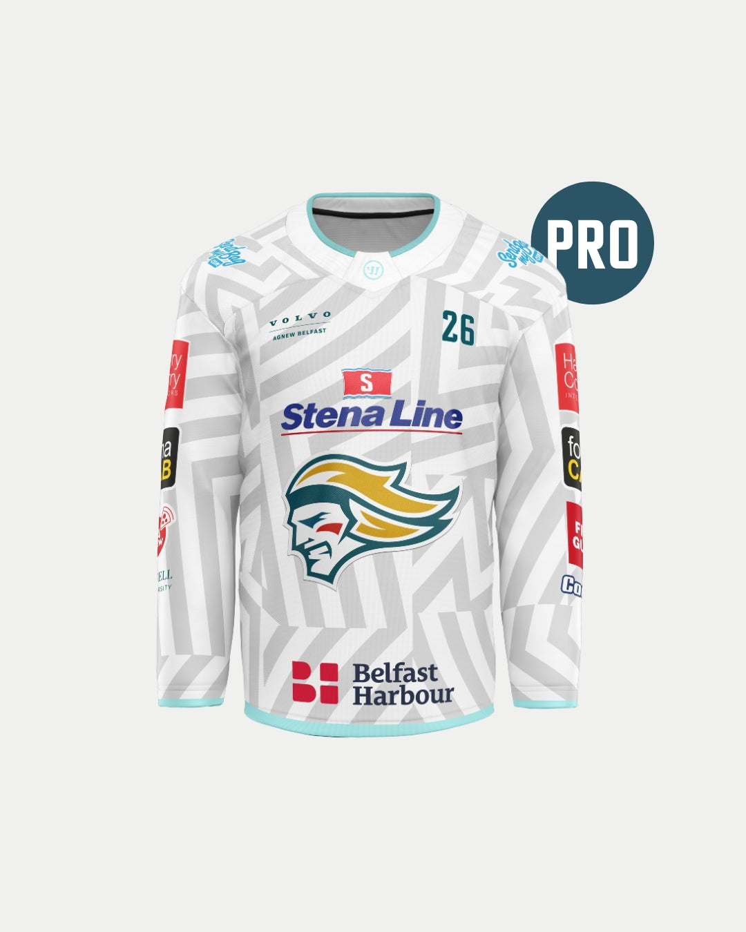 The Belfast Giants Authentic Pro 25/26 Away Jersey features white fabric with grey geometric patterns, teal accents, and sponsor logos like Stena Line and Belfast Harbour, plus a bold warrior logo on the front.
