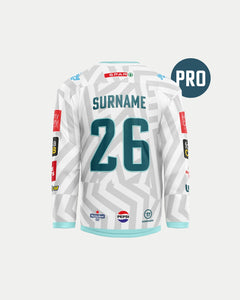 A Custom Authentic Pro 25/26 Away Jersey by Belfast Giants is shown from the back, white and light gray with SURNAME and number 26 in teal. The Warrior jersey features sponsor logos on the sleeves and lower back.