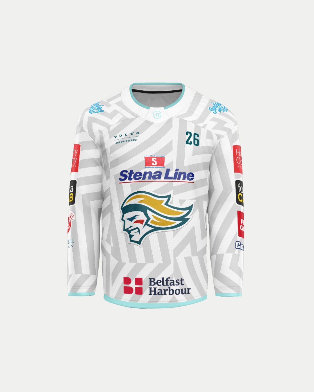 The Belfast Giants Custom Fan Replica 25/26 Away Jersey by Warrior features grey geometric patterns, teal trim, number 26, sponsor logos including Stena Line and Belfast Harbour, and a bold green, gold, and white team logo on the front.