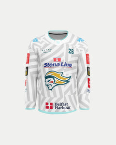 The Belfast Giants Custom Fan Replica 25/26 Away Jersey by Warrior features grey geometric patterns, teal trim, number 26, sponsor logos including Stena Line and Belfast Harbour, and a bold green, gold, and white team logo on the front.