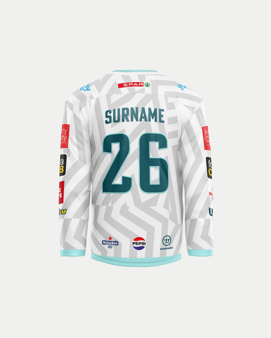 Back view of the Custom Fan Replica 25/26 Away Jersey by Belfast Giants, featuring teal accents, number 26 with a custom surname, and sponsor logos on the sleeves and back.